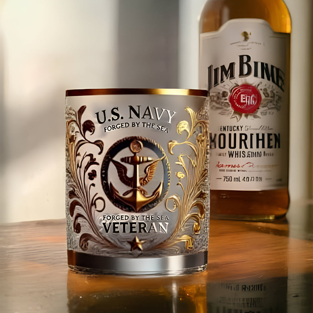 Gold-Embossed Military Veteran Whiskey Glass - Elegant Display Drinkware