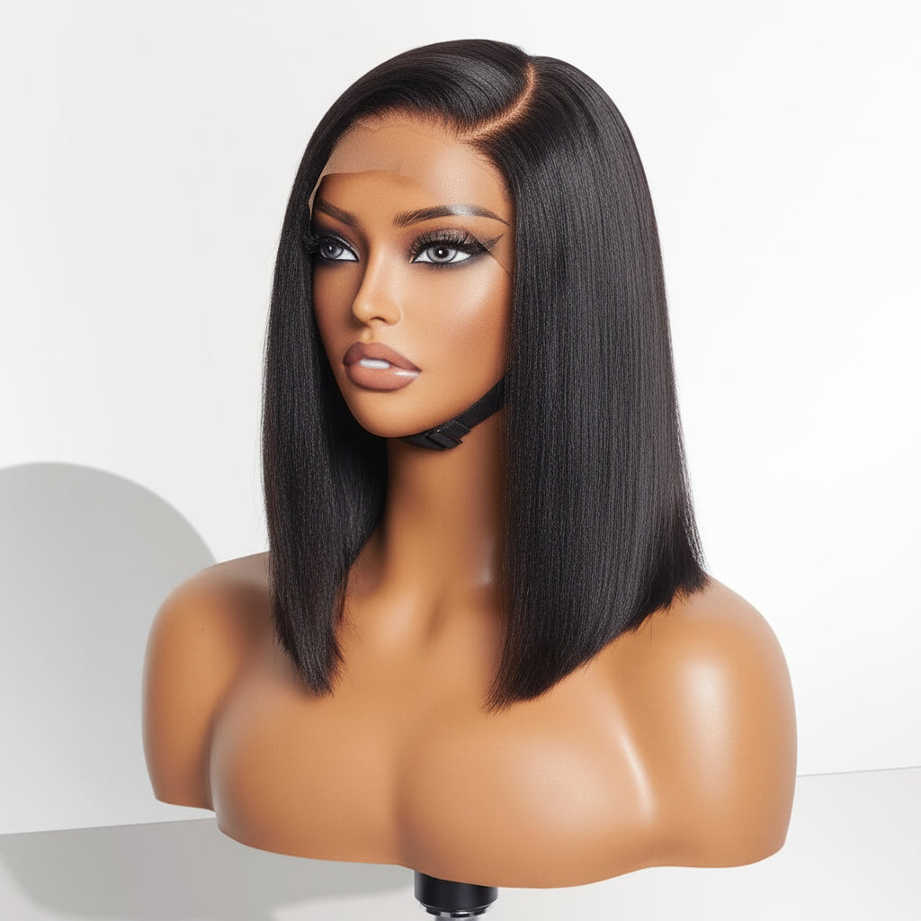 Glueless Human Hair Lace Front Wig - Bob Straight, Yaki Texture