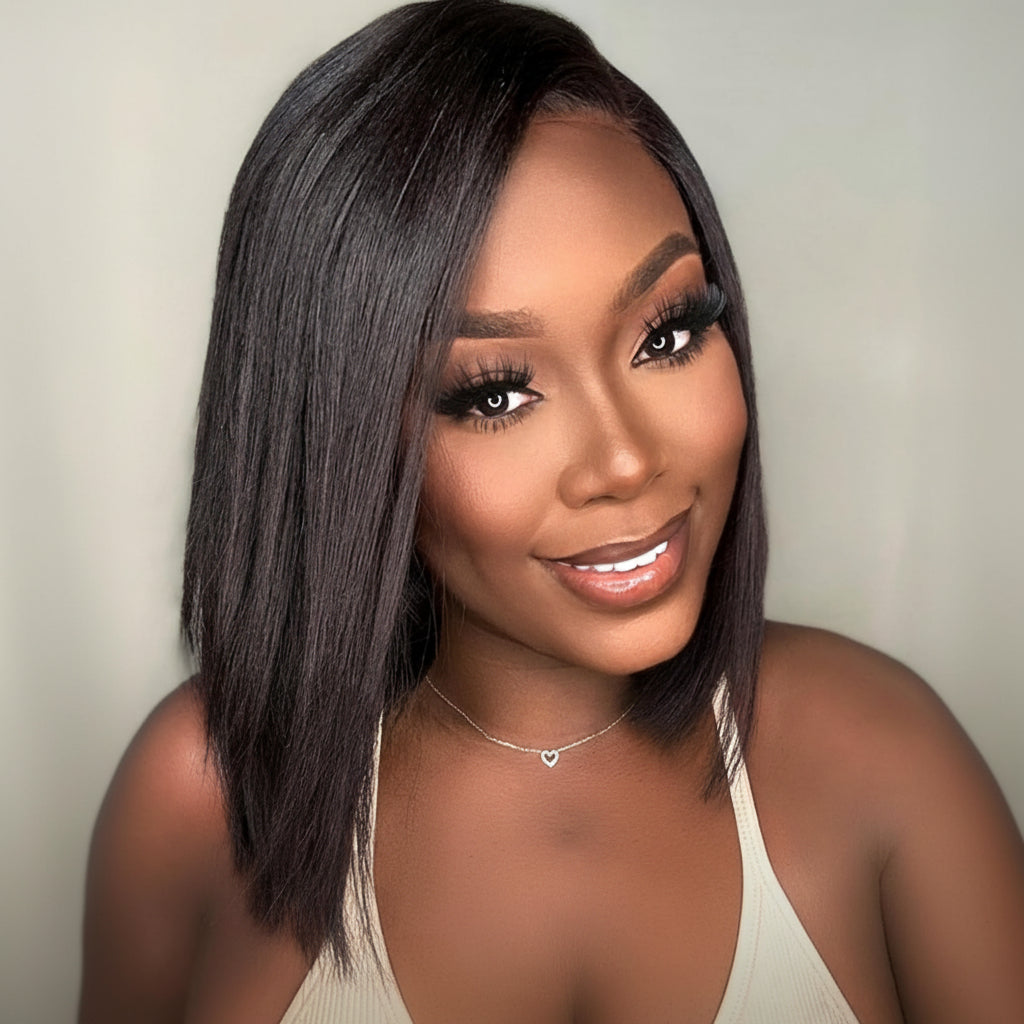 Glueless Human Hair Lace Front Wig - Bob Straight, Yaki Texture