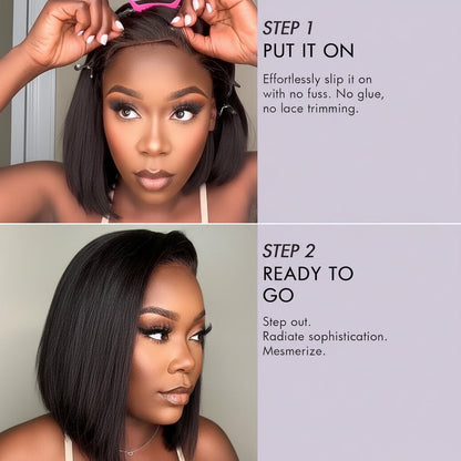 Glueless Human Hair Lace Front Wig - Bob Straight, Yaki Texture