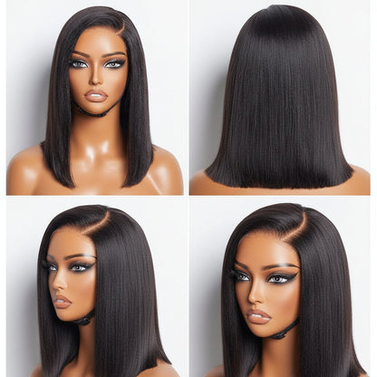 Glueless Human Hair Lace Front Wig - Bob Straight, Yaki Texture