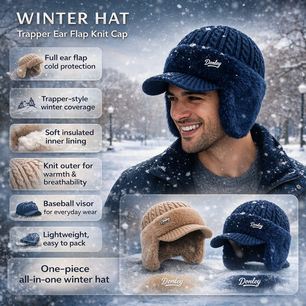Cozy Trapper Winter Hat with Ear Flaps, Knit Cap and Visor