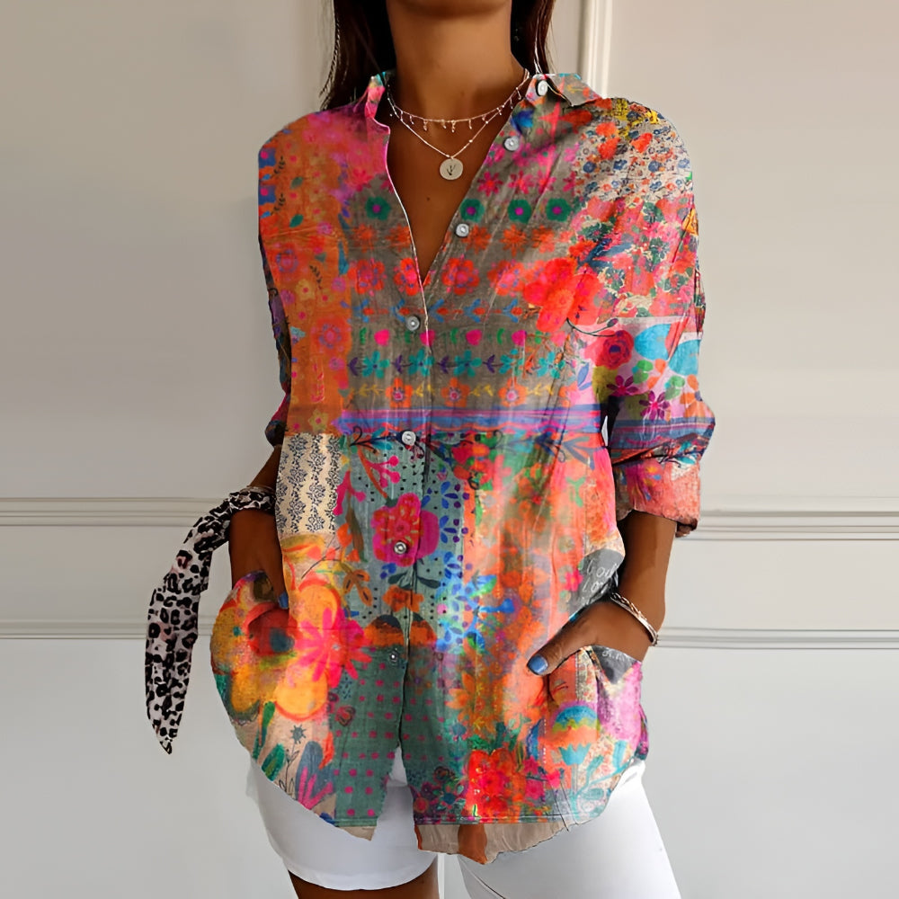 Floral Print Women's Blouse - Long Sleeve Button-Front