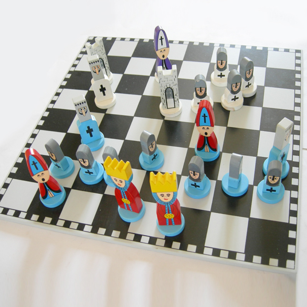 Handcrafted Wooden Chess Set — Classic Strategy Board Game with Whimsical Cartoon Pieces