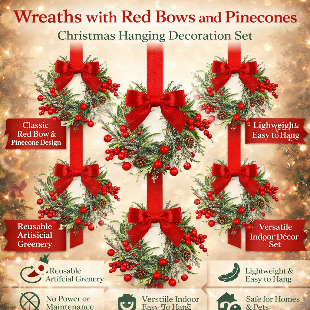 Hanging Christmas Wreath with Red Bow and Pinecones – Festive Holiday Decor