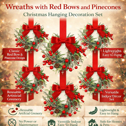 Hanging Christmas Wreath with Red Bow and Pinecones – Festive Holiday Decor