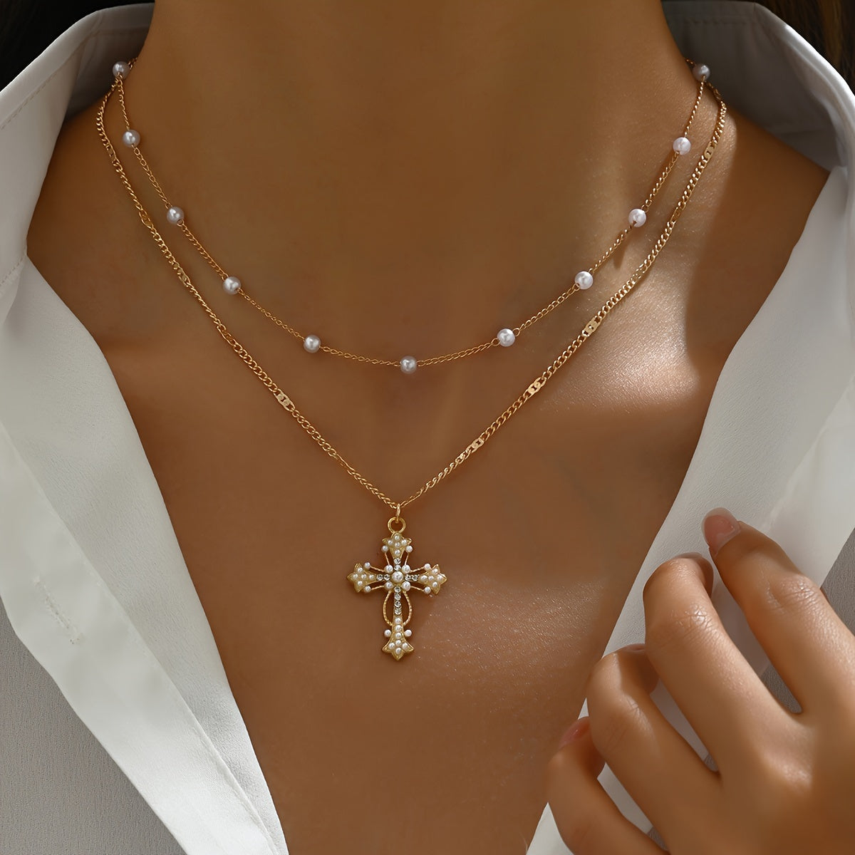 Elegant Gold Layered Beaded Necklace with Cross Pendant – Perfect Mother's Day Gift