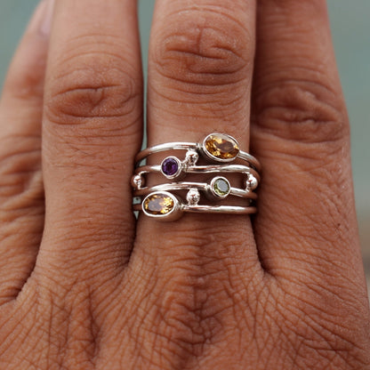 Adjustable Silver Birthstone Ring - Boho Zircon Wrap