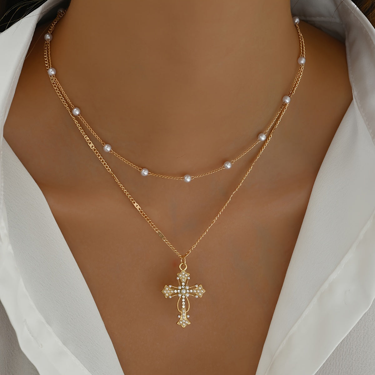 Elegant Gold Layered Beaded Necklace with Cross Pendant – Perfect Mother's Day Gift