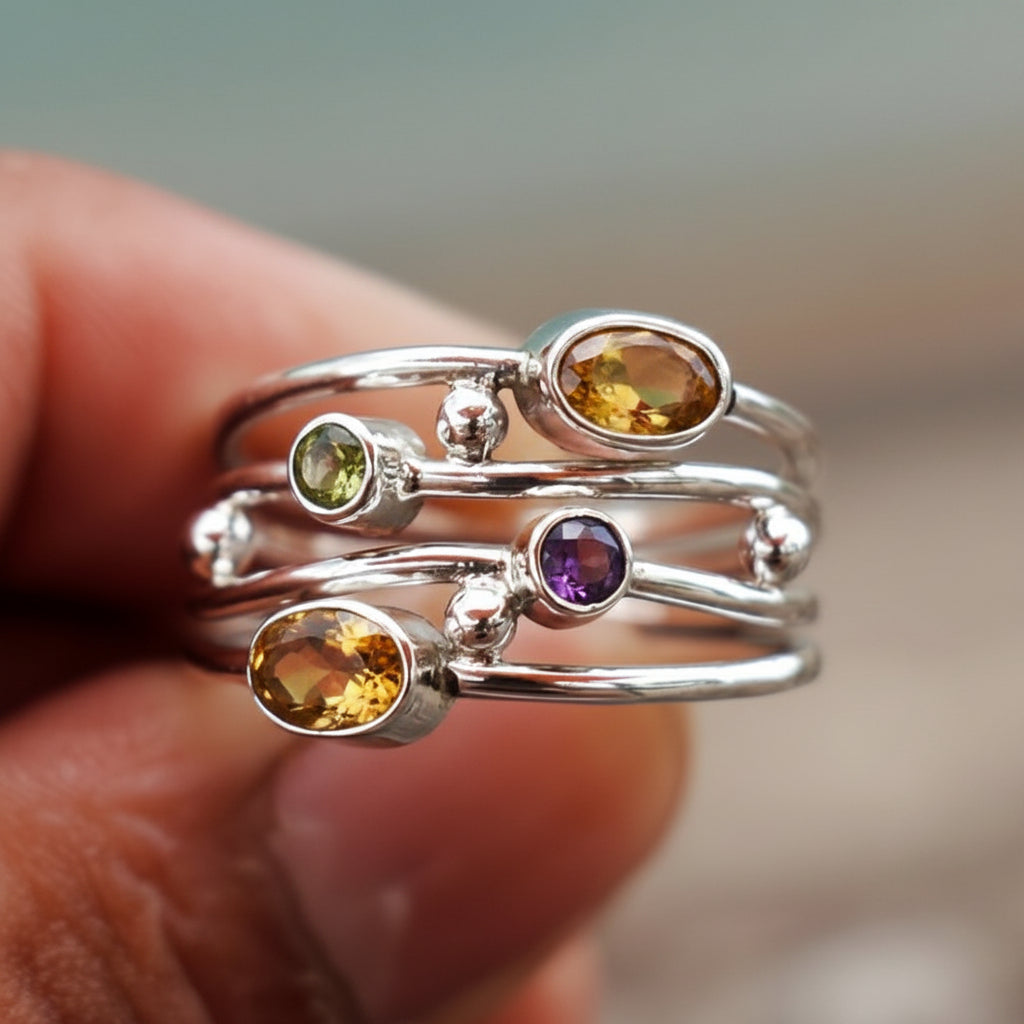 Adjustable Silver Birthstone Ring - Boho Zircon Wrap