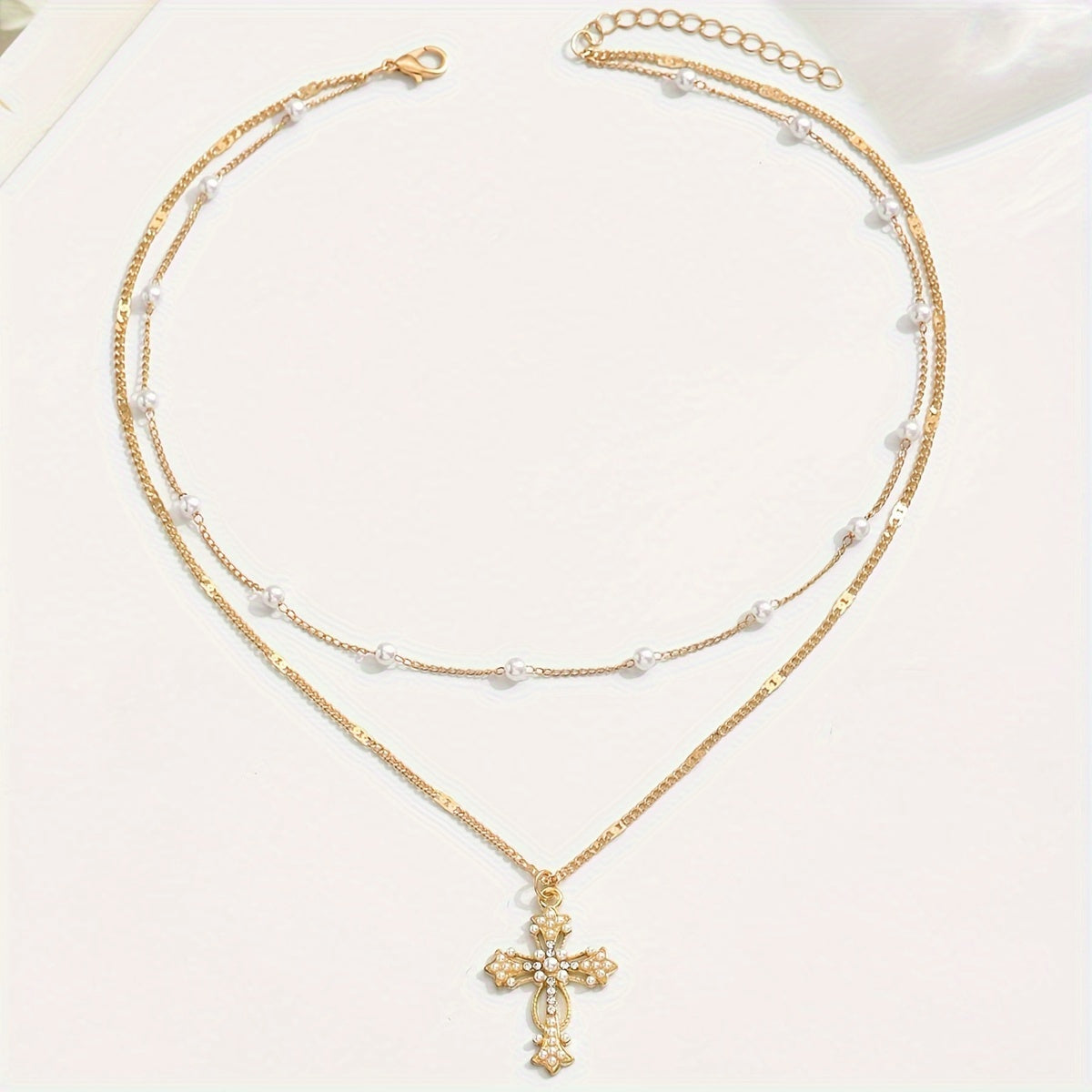 Elegant Gold Layered Beaded Necklace with Cross Pendant – Perfect Mother's Day Gift