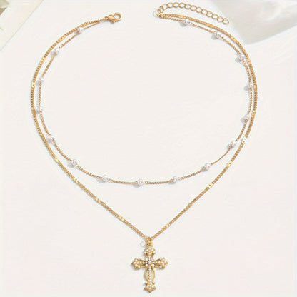 Elegant Gold Layered Beaded Necklace with Cross Pendant – Perfect Mother's Day Gift