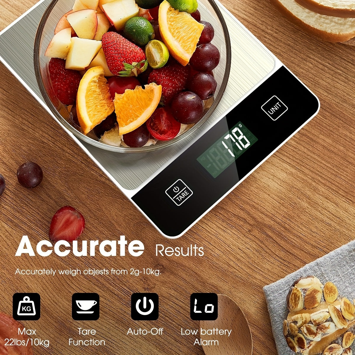 Digital Kitchen Scale – Stainless Steel, 22 lb Capacity for Precise Food Measurement