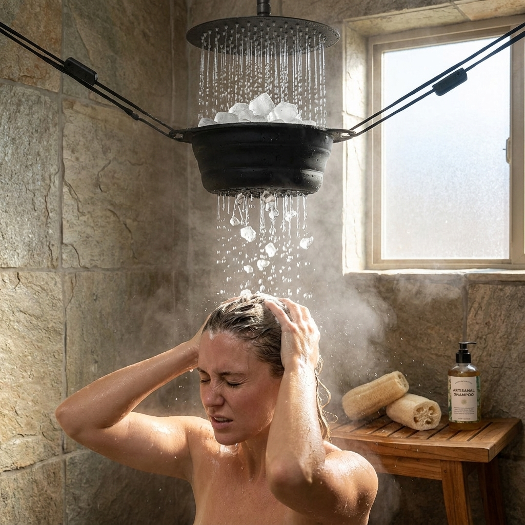 Desk Fan Cooling Shower in use