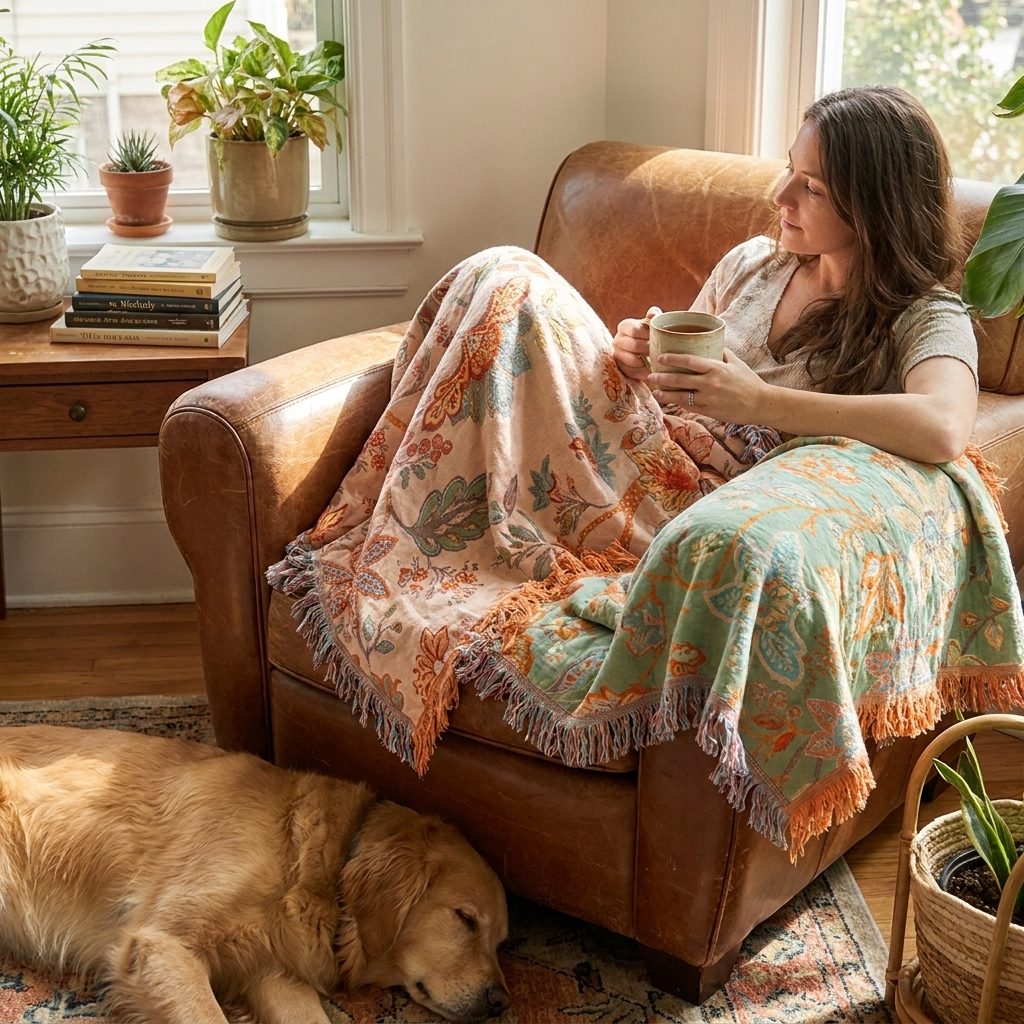 Boho Floral Fringe Throw in use