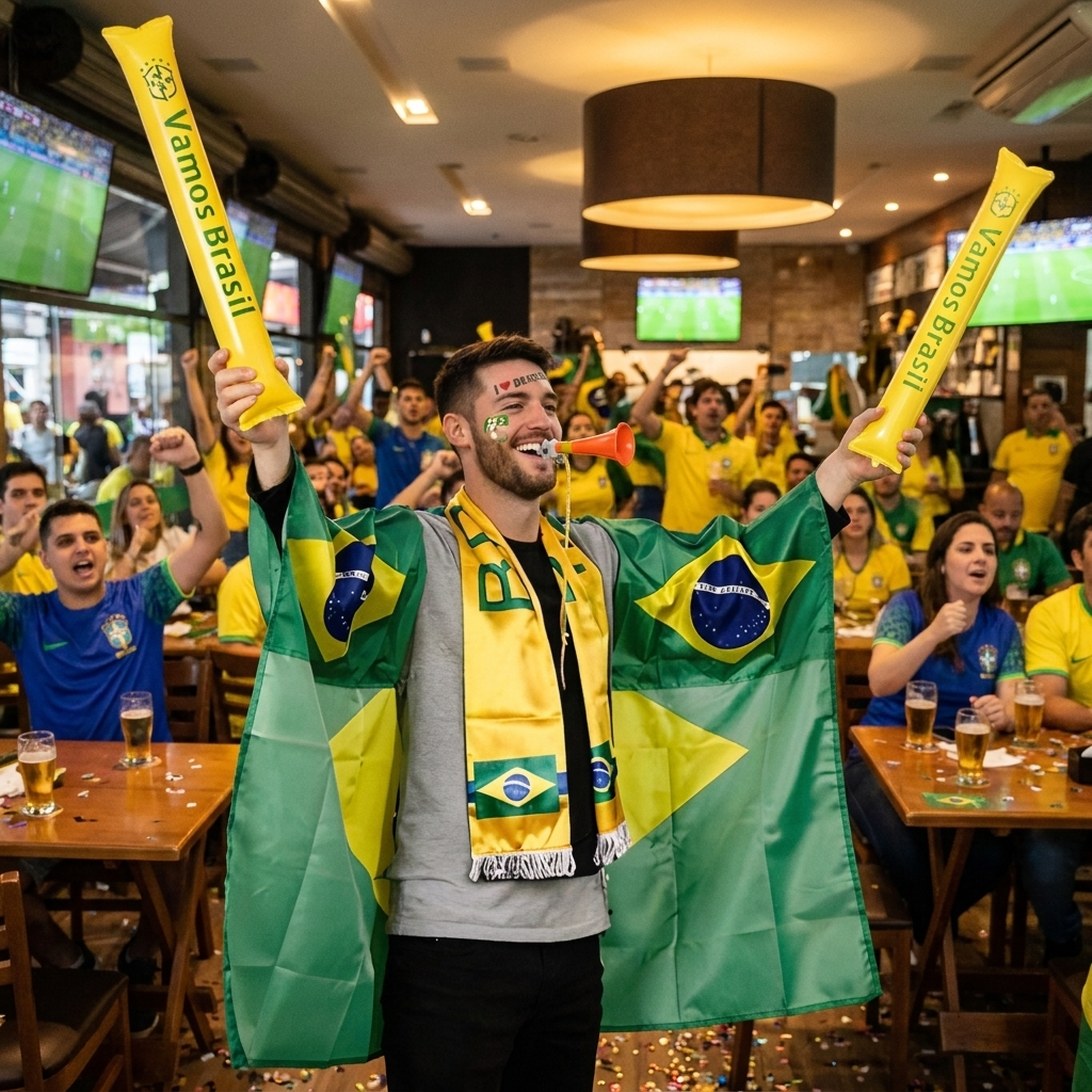 Brazil Flag Soccer Fan Kit Cape Scarf Horn lifestyle