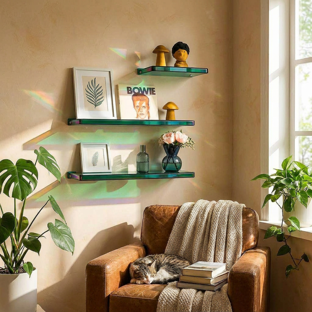 Floating Acrylic Wall Shelf in lifestyle setting