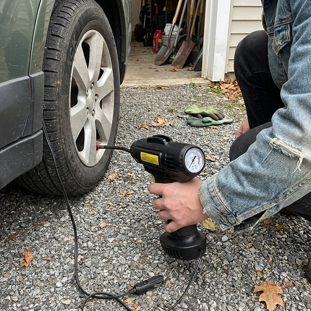 Cordless Portable Tire Inflator in lifestyle setting