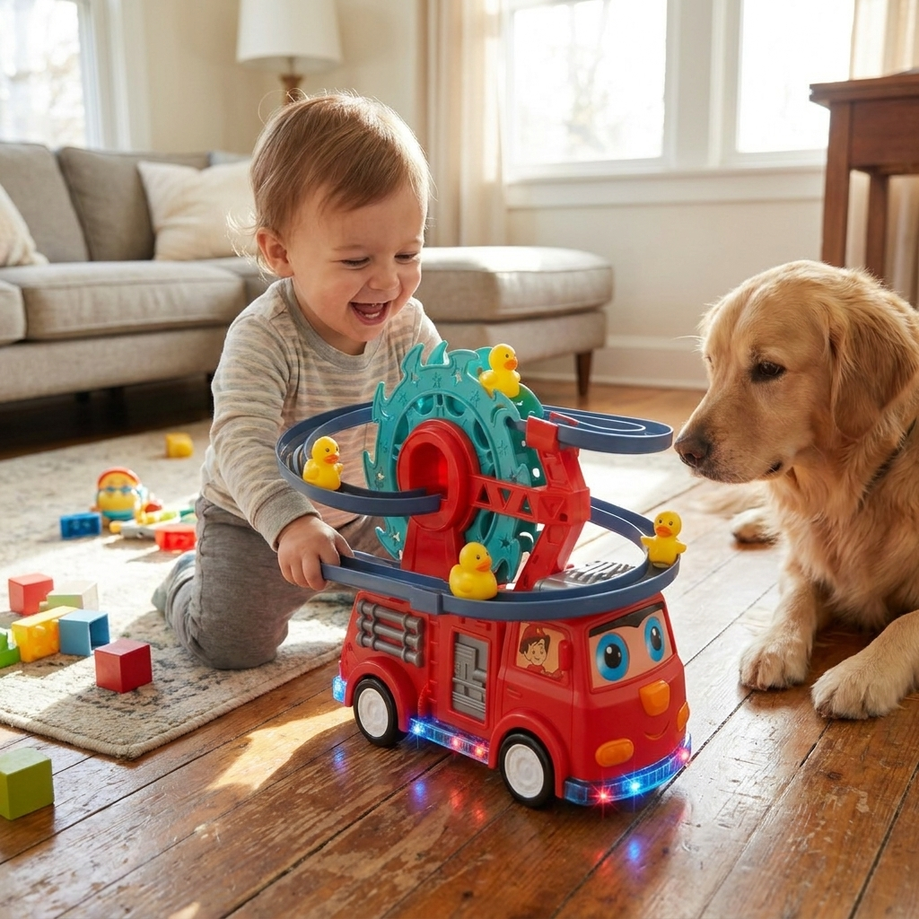 Fun Fire Truck Toy with Duck Slide, Track, Lights & Sounds