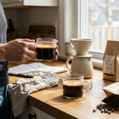 Glass Espresso Cups with 4oz Double-Spout Measuring Pitcher
