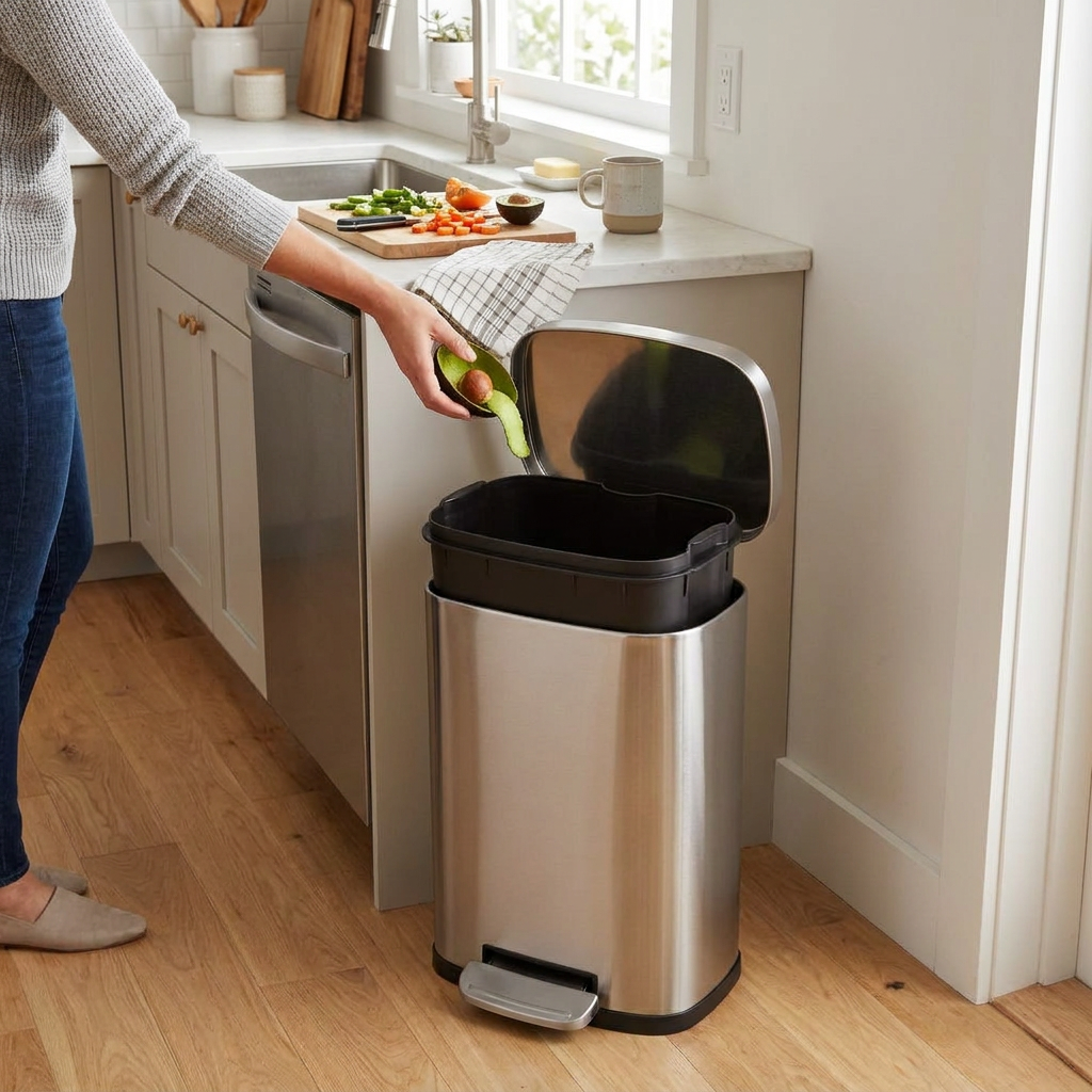 Compact Stainless Steel Trash Can for Small Bathrooms with Soft-Close Pedal