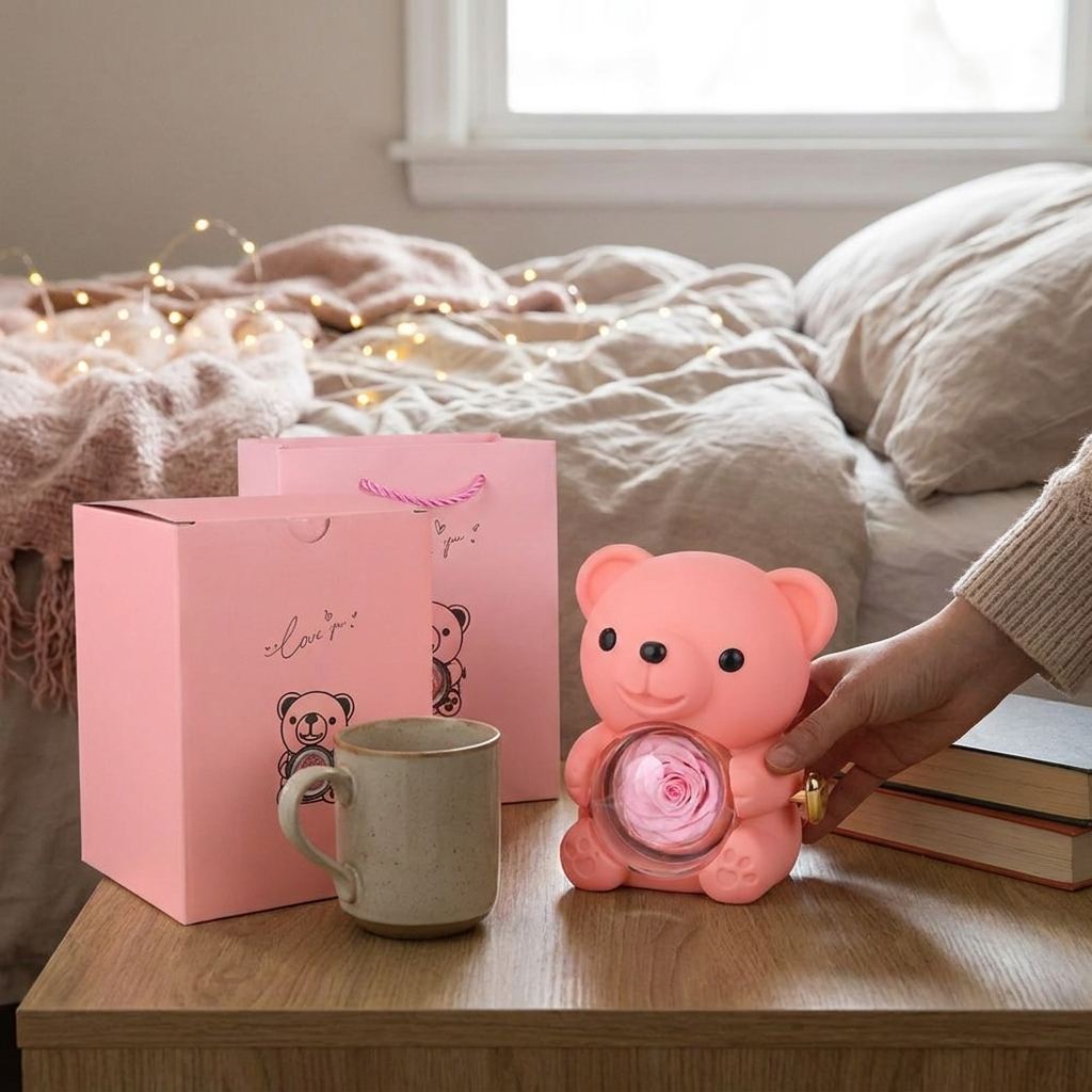 Elegant Gift Box Teddy Bear Preserved Rose Jewelry