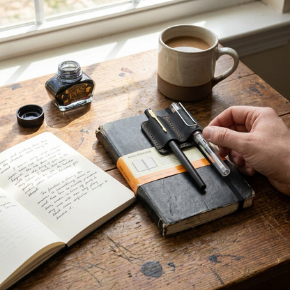 Hand-Stitched Leather Pen Holder and Journal Clip