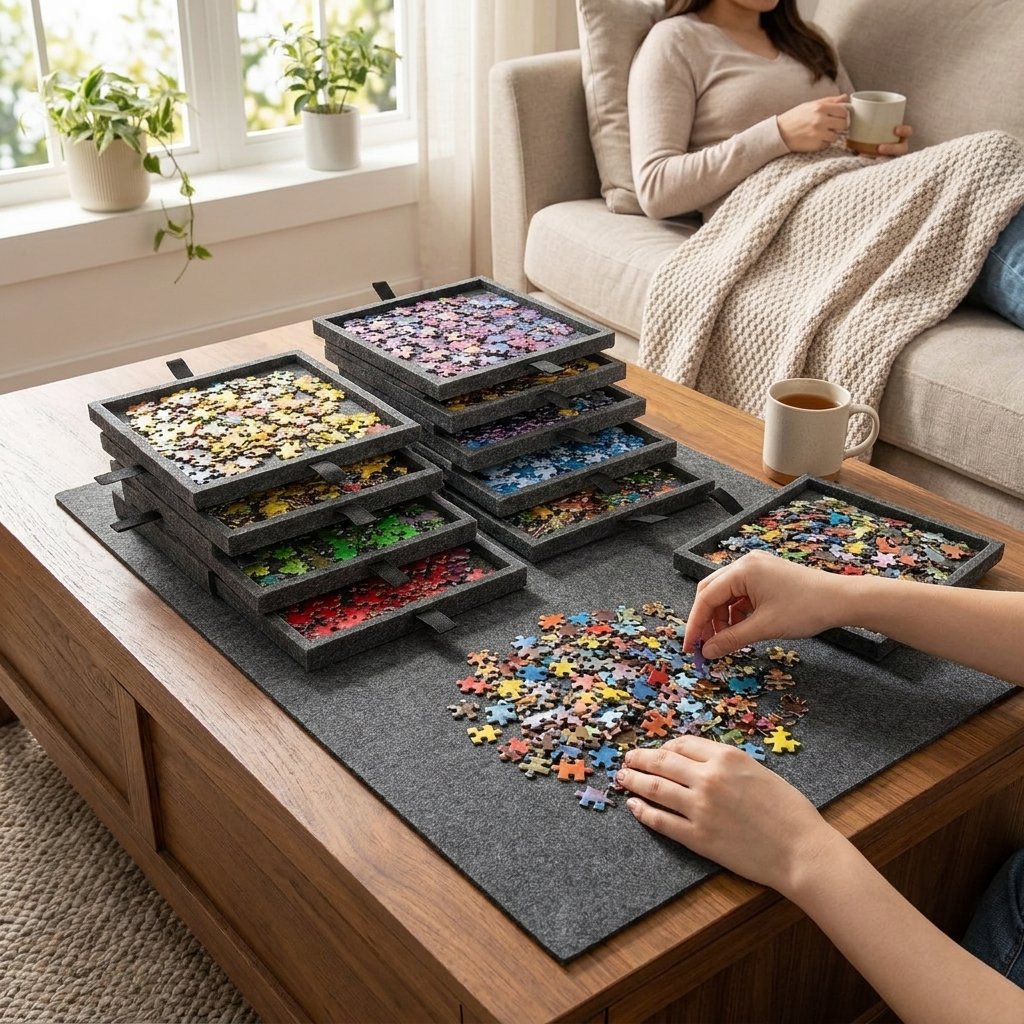 Adjustable Jigsaw Puzzle Storage Case with Drawer-Style Board