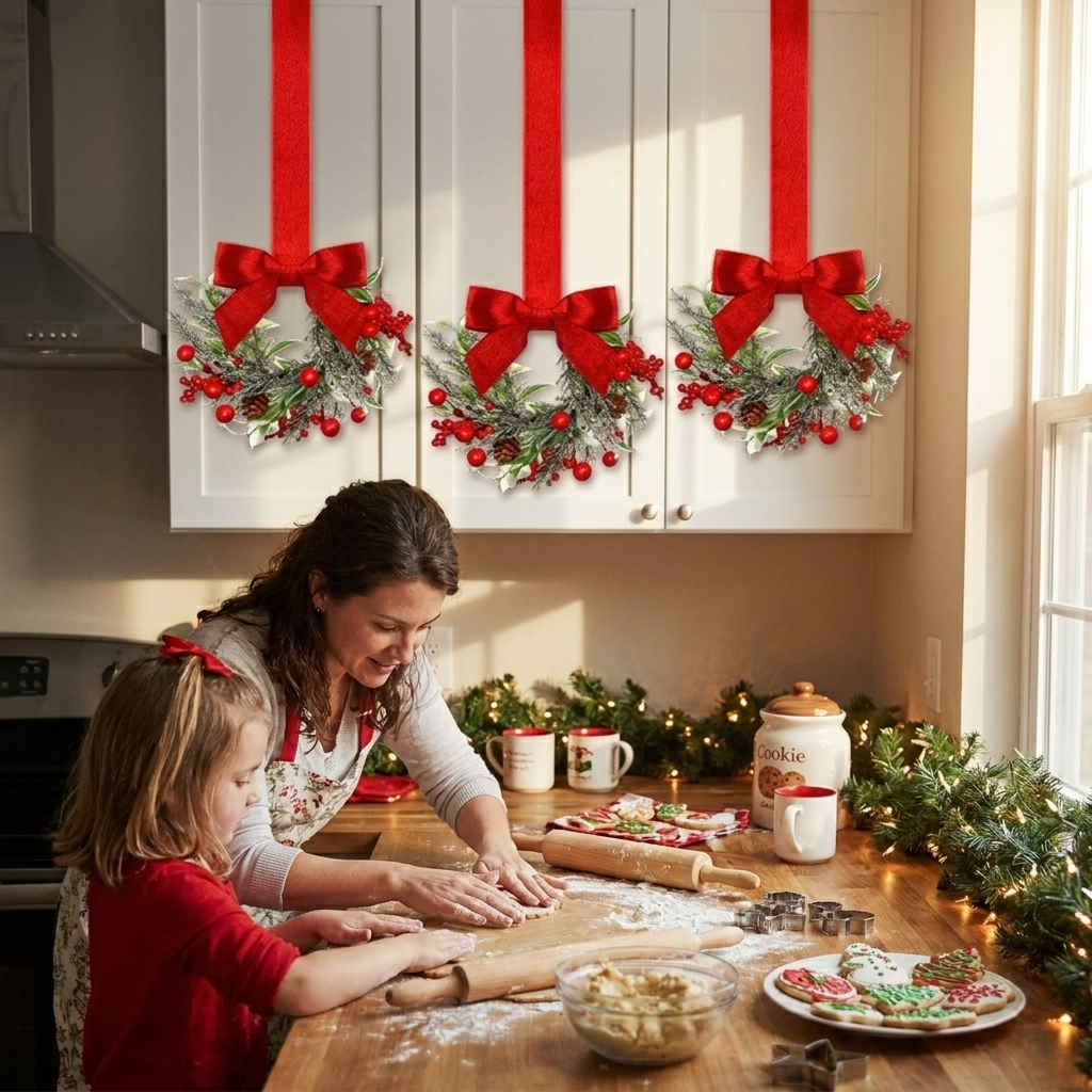 Hanging Christmas Wreath with Red Bow and Pinecones - Festive Holiday Decor