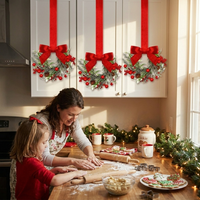 Hanging Christmas Wreath with Red Bow and Pinecones - Festive Holiday Decor