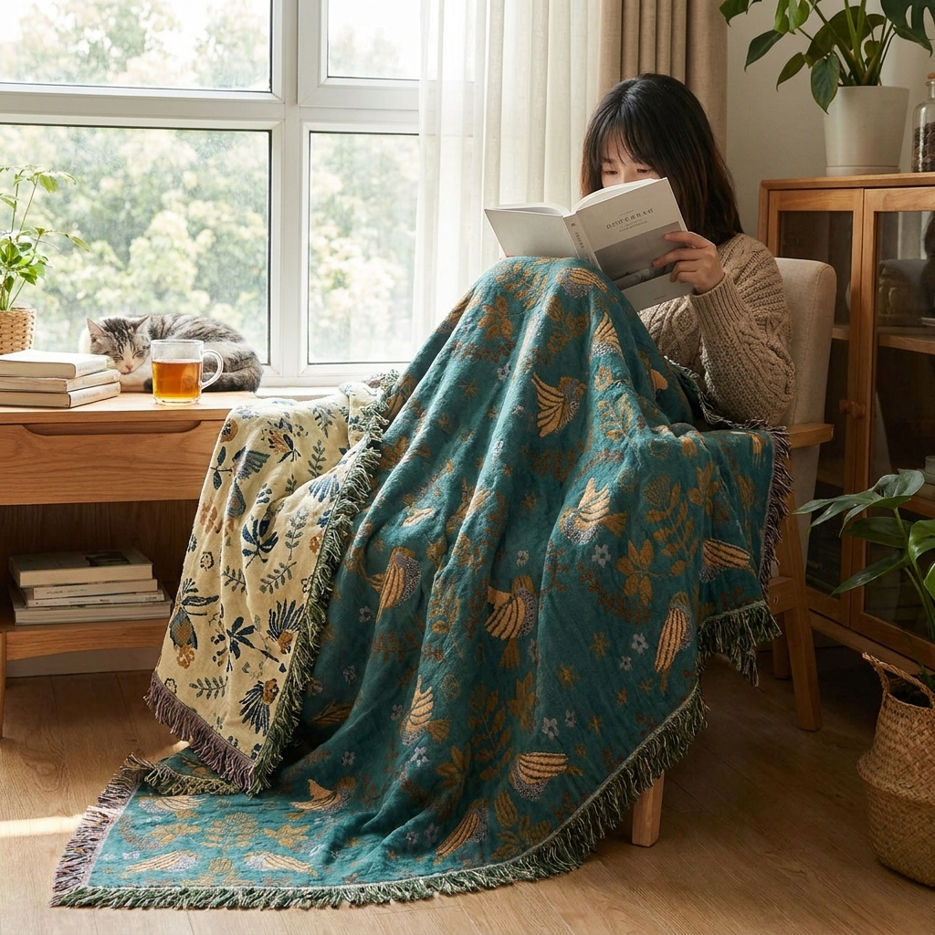 Cozy Scandinavian Bird Throw Blanket Reversible