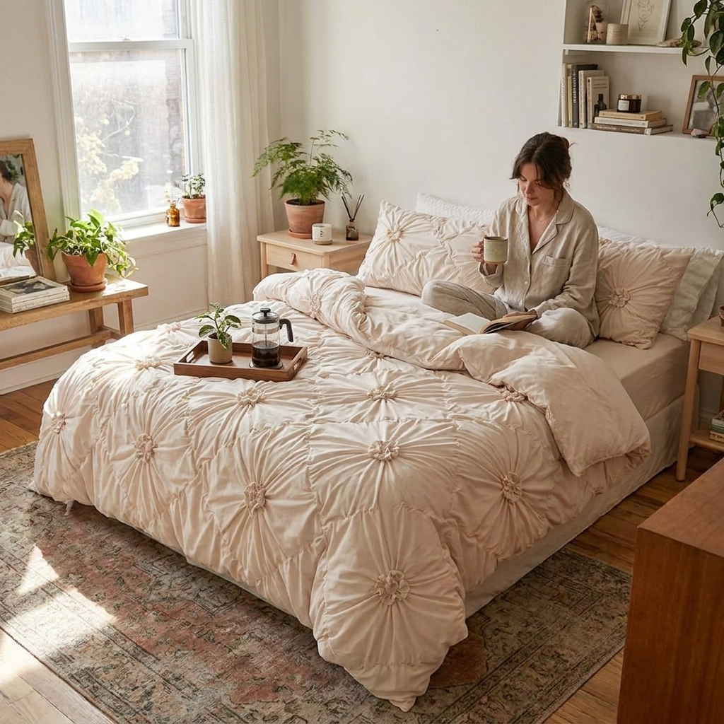 Floral Pleated Quilt Cover Set Bedroom Bedding