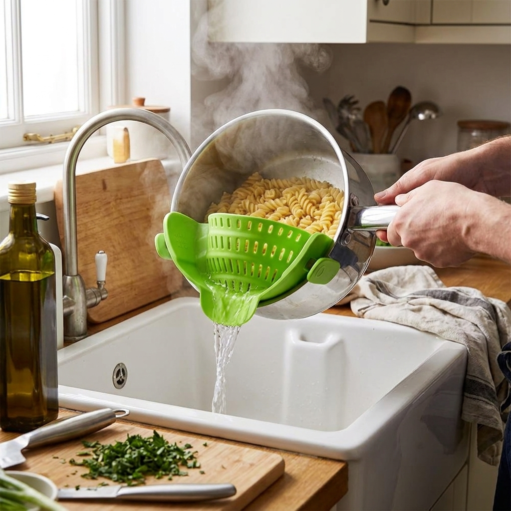 Clip-On Silicone Kitchen Strainer Colander for Pasta – Easy Rinse & Drain