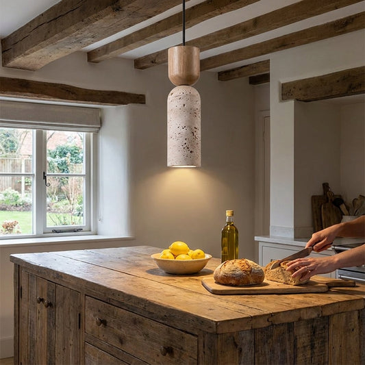 Wabi-Sabi Travertine Wood Pendant