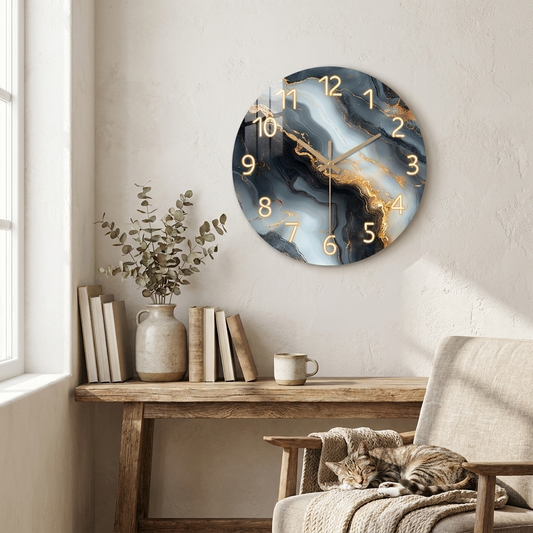 Elegant Blue & Gold Marble Wall Clock