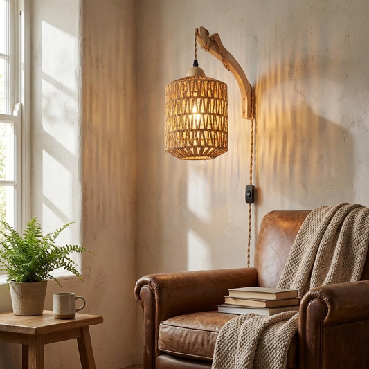 Boho Wood Rattan Wall Lamp
