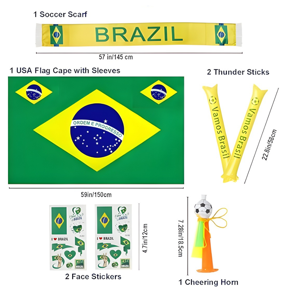 Brazil Flag Soccer Fan Kit – Cape, Scarf & Horn Party Set