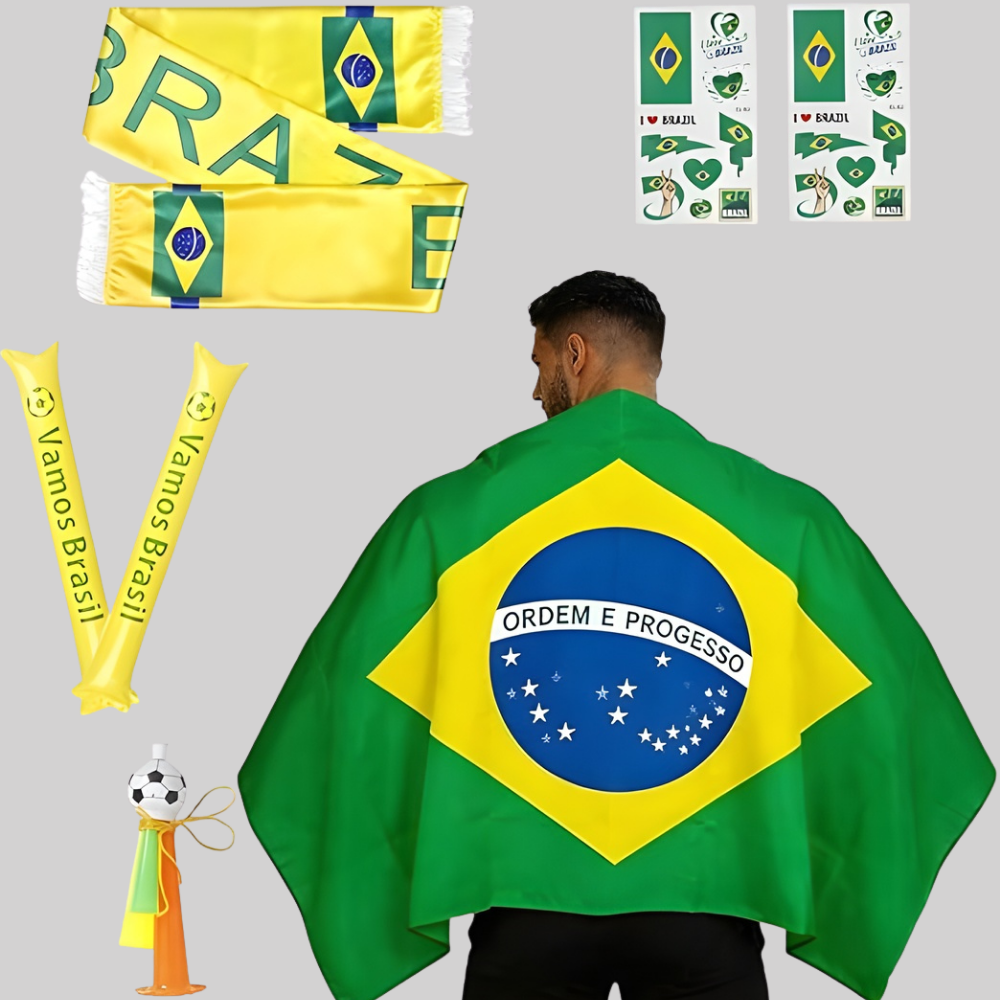 Brazil Flag Soccer Fan Kit – Cape, Scarf & Horn Party Set