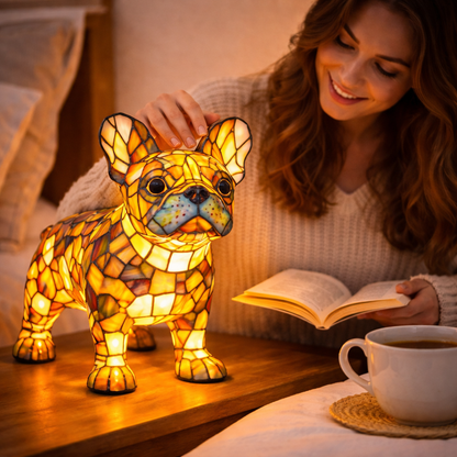 Colorful Stained-Glass Dog Table Lamp with LED Night Light for Bedroom