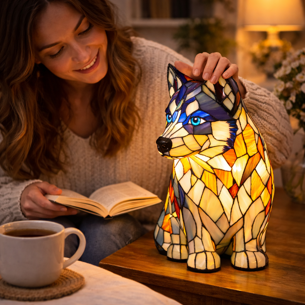 Colorful Stained-Glass Dog Table Lamp with LED Night Light for Bedroom
