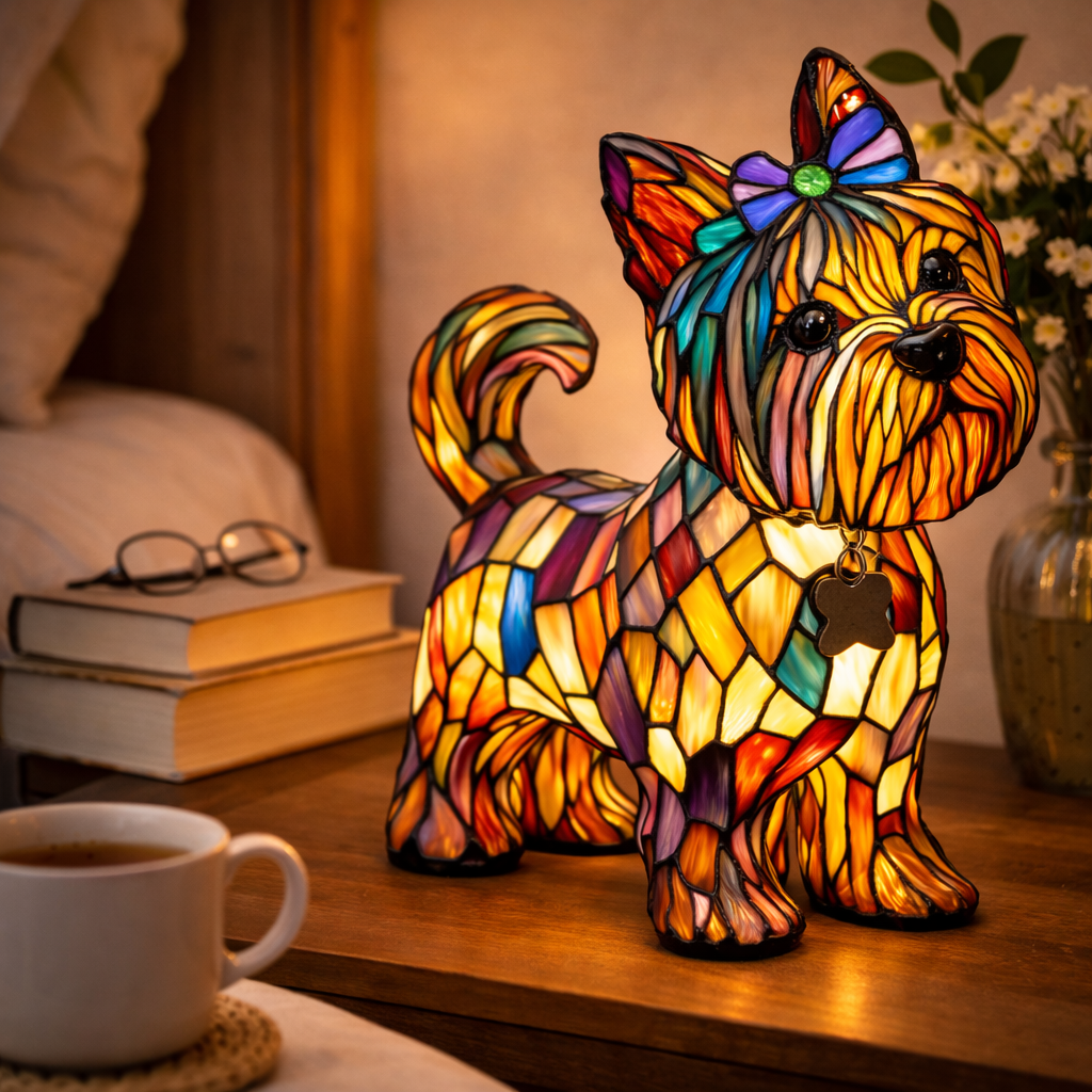 Colorful Stained-Glass Dog Table Lamp with LED Night Light for Bedroom