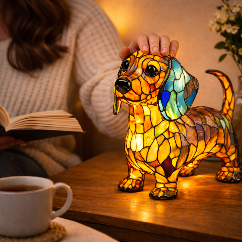 Colorful Stained-Glass Dog Table Lamp with LED Night Light for Bedroom