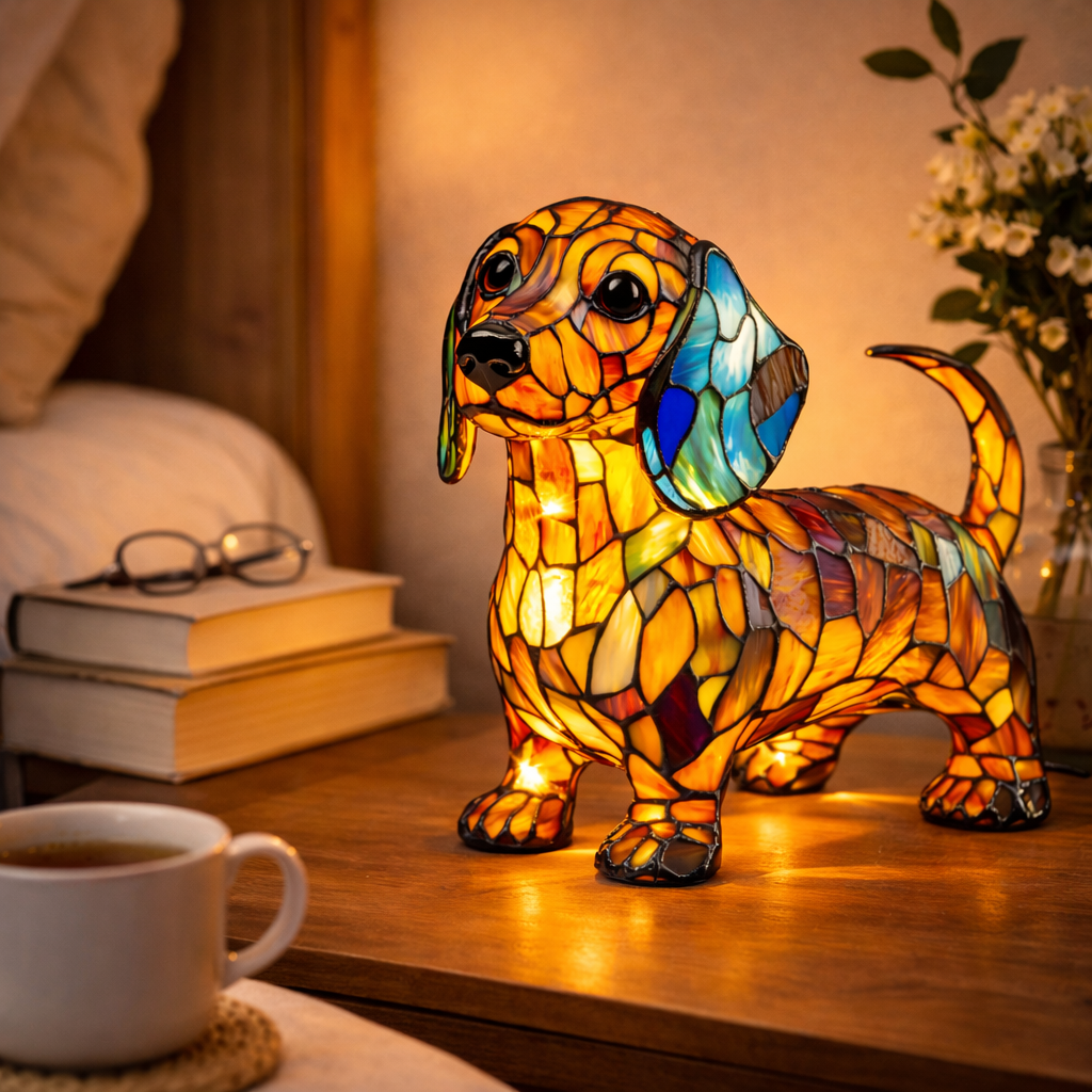 Colorful Stained-Glass Dog Table Lamp with LED Night Light for Bedroom