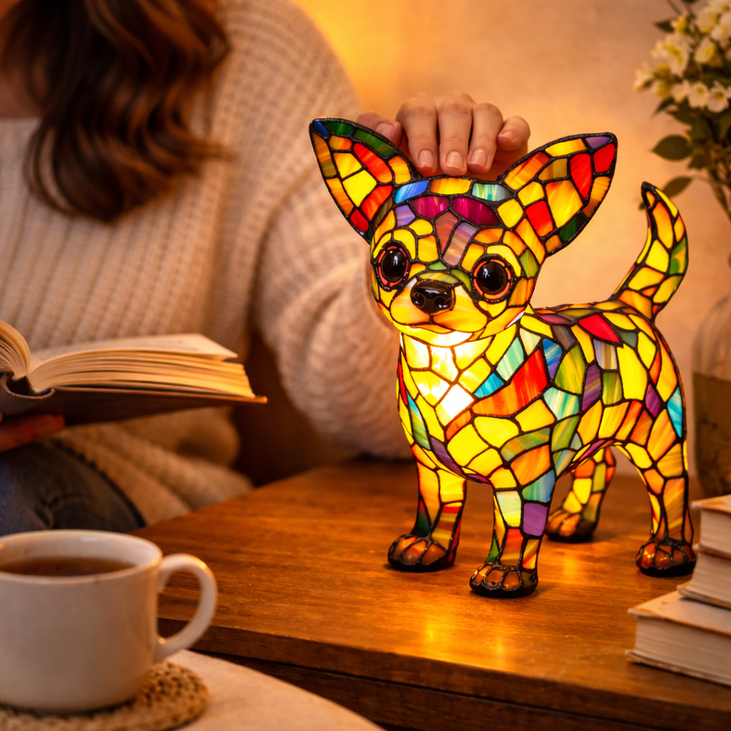 Colorful Stained-Glass Dog Table Lamp with LED Night Light for Bedroom