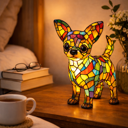 Colorful Stained-Glass Dog Table Lamp with LED Night Light for Bedroom