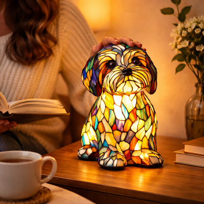 Colorful Stained-Glass Dog Table Lamp with LED Night Light for Bedroom