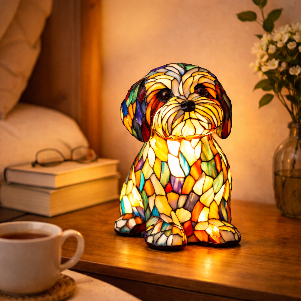 Colorful Stained-Glass Dog Table Lamp with LED Night Light for Bedroom