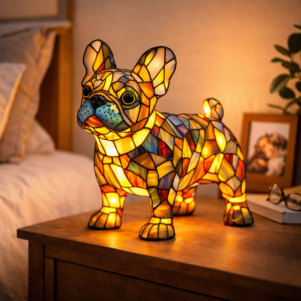 Colorful Stained-Glass Dog Table Lamp with LED Night Light for Bedroom