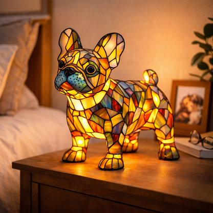 Colorful Stained-Glass Dog Table Lamp with LED Night Light for Bedroom