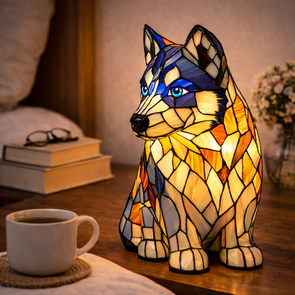 Colorful Stained-Glass Dog Table Lamp with LED Night Light for Bedroom